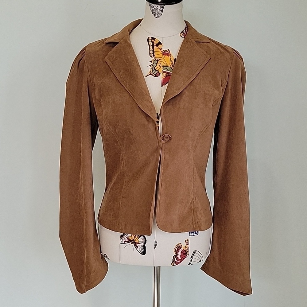 LA BELLE vintage brown suede like jacket coat. Puffed sleeve.